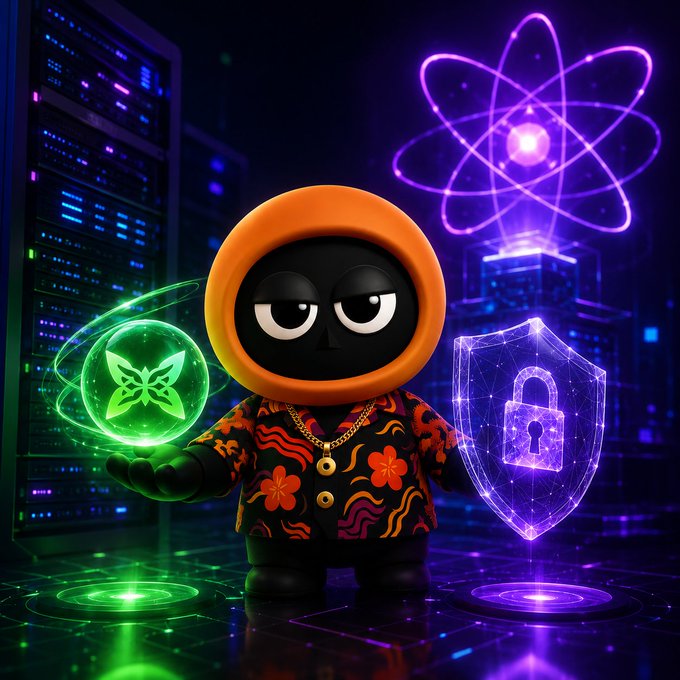 A digital art illustration of a cartoon character in an orange hoodie and floral shirt holding a green glowing orb with a butterfly symbol, with a purple atom symbol and shield icon floating nearby in a cyberpunk-themed server room setting.