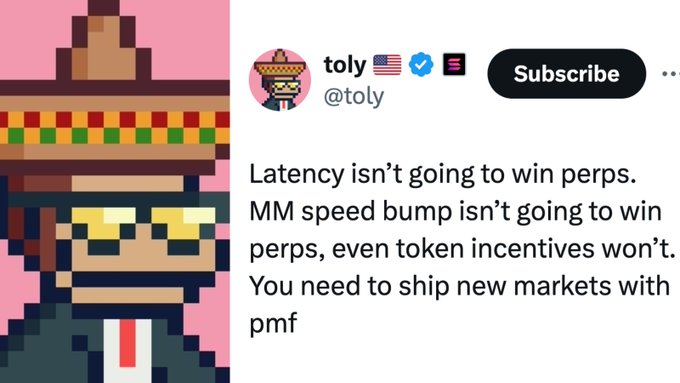 The image features a cartoon character wearing sunglasses and a sombrero hat with text written above and below them, which reads "LATENCY isn't going to win perps. MM SPEED BUMP isn't going to win perps, even token incentives won't. You need to ship new markets with PMF". The image is related to the post because it contains a caption that references the post's content about latency and speed bumps in trading.