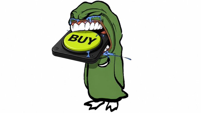 A cartoon illustration of a green character biting down on a large yellow 'BUY' button while crying blue tears of frustration.