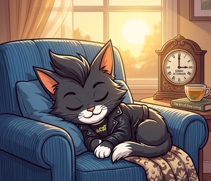 A black cat wearing a "daCAT" hoodie naps on a blue armchair, with a clock reading "Sunday Afternoon" beside a tea cup on "The Art of Slow Living" book—matching the post's theme of a relaxing Sunday reset for the daCAT community.