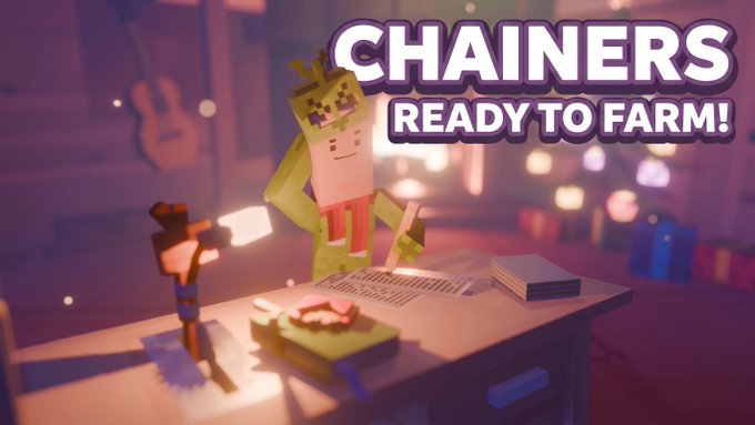 A Minecraft-style character wearing a crown stands at a desk, with bold text overlay reading "CHAINERS READY TO FARM!" promoting a Chainers Game TaskON campaign offering 120 USDT in rewards. The blocky, pixelated game aesthetic of the image aligns with the Chainers promotional content, encouraging users to join the quest before August 24.