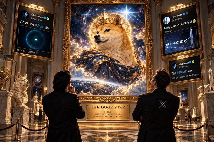 Two figures in suits stand before an ornate golden frame displaying a regal Shiba Inu depicted as the "Dogestar" — a cosmic, saint-like version of the Doge meme — flanked by mocked-up Twitter/X posts from Vlad Tenev (@vladtenev) announcing "Sirius, the #doge star" and Elon Musk (@elonmusk) joking "Surely you can't be Sirius?" above a SpaceX image. The image humorously elevates Dogecoin's mascot into a celestial masterpiece, riffing on the "sirius" pun tied to Vlad Tenev and the joke post.