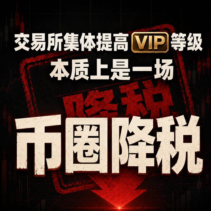 The image is a bold promotional graphic with Chinese text reading "交易所集体提高 VIP 等级，本质上是一场'币圈降税'" (Exchanges collectively raising VIP levels is essentially a "crypto tax cut"), featuring "VIP" highlighted in gold and the word "降税" (tax cut) stamped in red over the text.

The graphic visually reinforces the post's central argument that exchanges raising VIP tiers functions as a hidden "tax cut" for users, particularly highlighting how this benefits traders as crypto contract trading declines while US stock contracts gain market share.