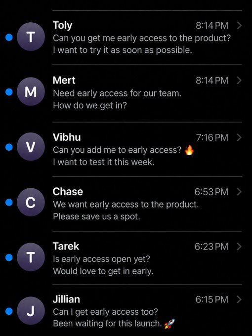A list of user messages on a dark background, with users Tolу, Mert, Vibhu, Chase, Tarek, and Jillian all requesting early access to a product between 6:15 PM and 8:14 PM.