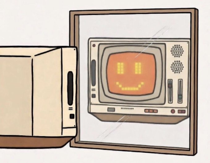 An illustration showing an old-fashioned CRT computer monitor displaying a simple orange pixelated smiley face, reflected in a mirror or glass panel.
