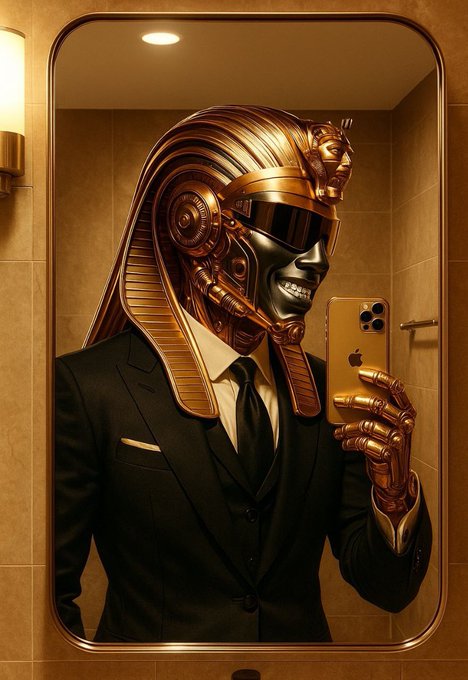 A creative AI-generated image of a metallic gold and black pharaoh-like cyborg figure in a suit, taking a mirror selfie with an iPhone in a bathroom.