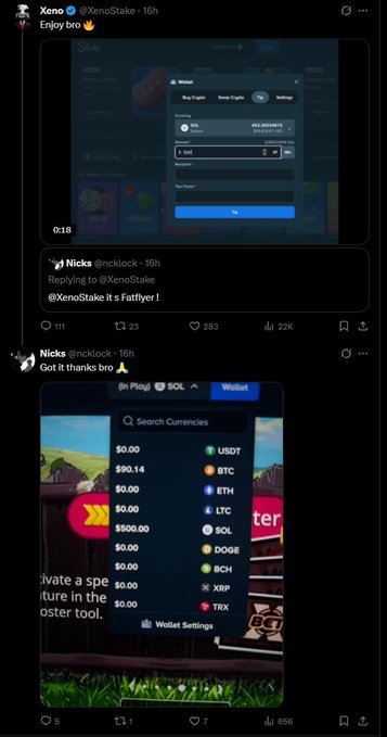 The image shows a Twitter thread where user XenoStake (@XenoStake) posts "Enjoy bro" with a screenshot of a Stake.com wallet popup displaying a $50 deposit offer, which user Nicks (@ncklock) replies to saying "Got it thanks bro" with a screenshot showing an empty wallet with $0.00 across all currencies including USDT, BTC, ETH, SOL, and TRX. The accompanying post reveals that XenoStake is a fake giveaway scam account using false engagement to make fraudulent prize claims appear legitimate.