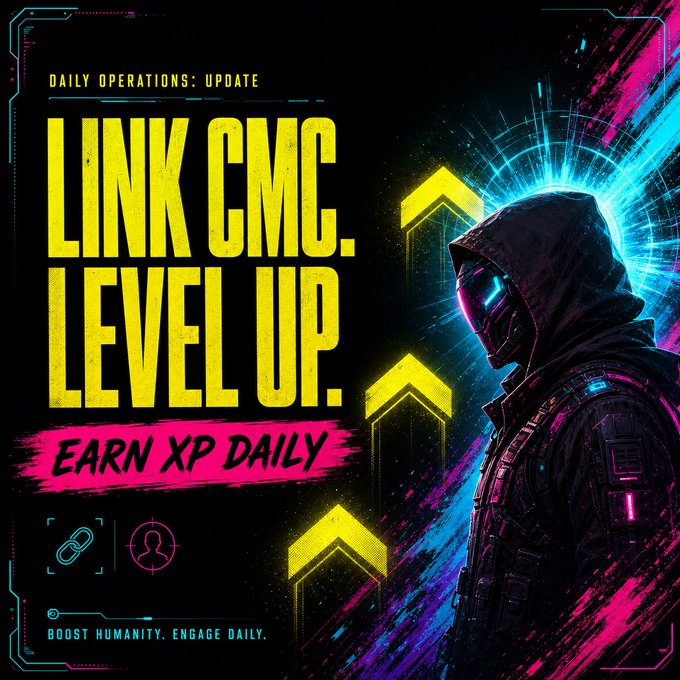 A neon cyberpunk-style promotional graphic with text reading 'DAILY OPERATIONS: UPDATE,' 'LINK CMC. LEVEL UP.,' 'EARN XP DAILY,' and 'BOOST HUMANITY. ENGAGE DAILY,' featuring a hooded figure with a glowing visor.