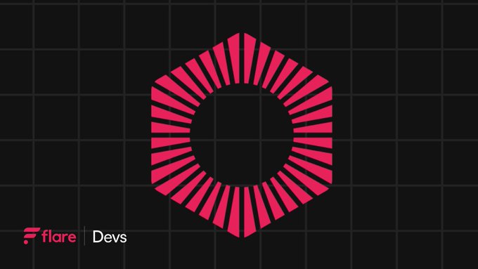 A vibrant pink hexagonal ring composed of radiating spokes forms a loading/loading-progress style graphic on a dark grid background, with the "Flare | Devs" logo in the lower-left corner. The imagery suggests anticipation for a network deployment, visually echoing the excitement of waiting for the mainnet launch referenced in the post.