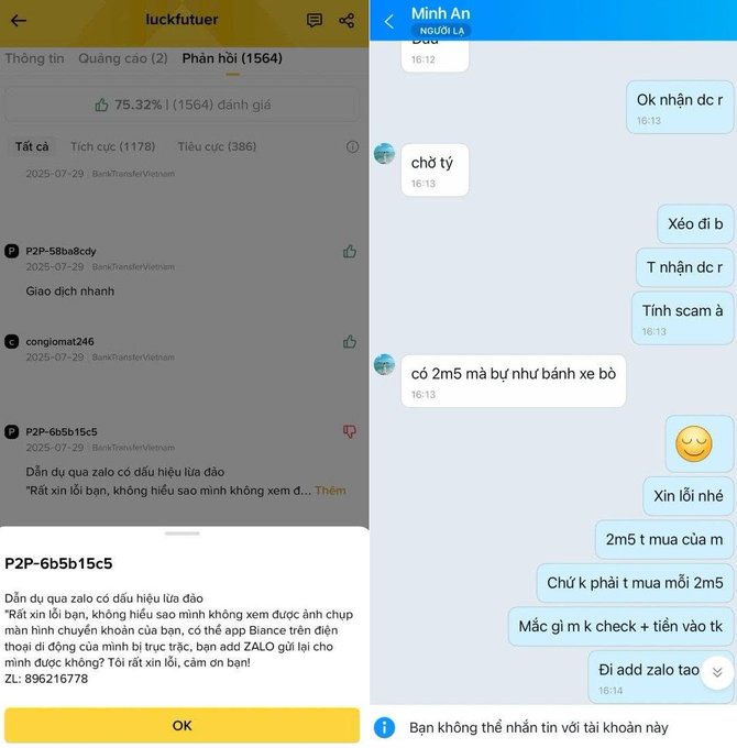 Screenshots of a Vietnamese Zalo messenger account showing a negative review for fraud and a chat where a user blocks and reports an account requesting a 2 million VND bank transfer.