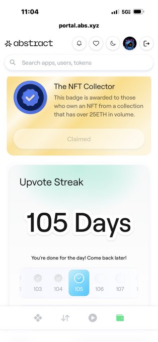 The image shows a phone screen with a list of numbers, including 105 days of work completed for the day. The text on the screen reads "105 days of excellence, LFG! @AbstractChain is my favorite and super excited for what the future holds!".
