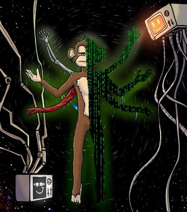 A cartoon monkey is split down the middle, with its left side appearing organic and flesh-like while the right side transforms into a cascading green digital matrix, surrounded by mechanical arms and retro computer monitors against a starry space background. The surreal, tech-infused imagery playfully complements the post's crypto tags ($DRB, $BAYLA) and jungle-themed handles (@JungleBayAC, @Hoidok619), suggesting a fusion of primal nature and digital blockchain energy.