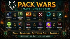 A 'Pack Wars' event graphic showing various team matchups that are locked, with a reminder to set guild rosters before the next battle.