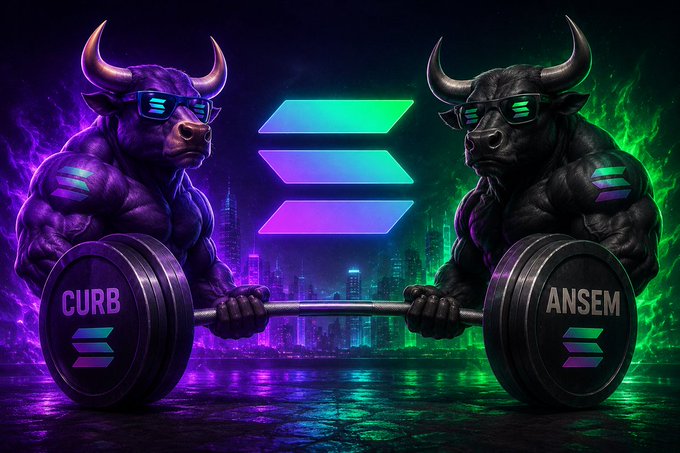 Two muscular bulls in sunglasses face off while lifting a barbell loaded with weights labeled "CURB" and "ANSEM," with the glowing Solana logo (SOL) centered between them against a neon cyberpunk cityscape, visually representing the competitive bullish strength of $CURB and $ANSEM within the Solana ecosystem.