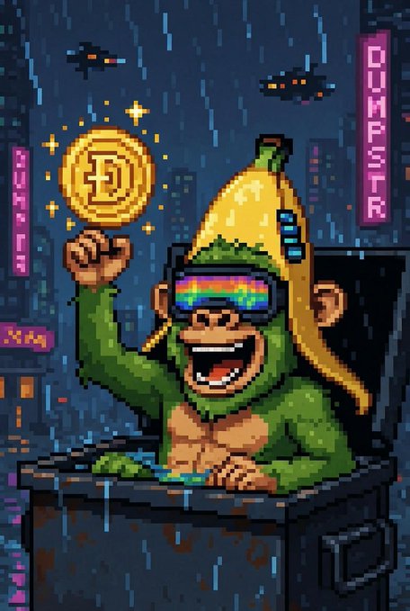 Pixel art of a monkey in a banana hat and rainbow goggles sitting in a dumpster, holding up a Bitcoin coin against a rainy cyberpunk cityscape with 'DUMPSTER' neon signs.