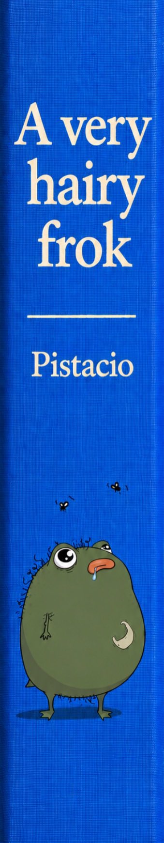 A blue book cover titled 'A very hairy frok' by 'Pistacio', featuring a cartoon illustration of a green, hairy frog character with flies buzzing around its head.