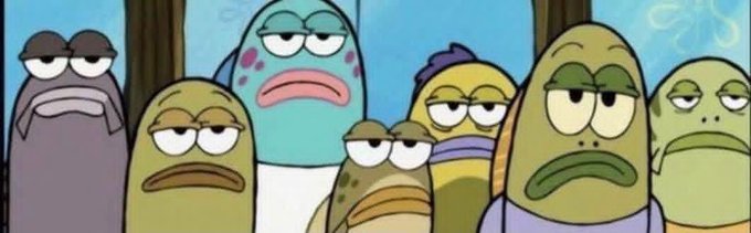 A group of unimpressed-looking cartoon fish from SpongeBob SquarePants staring forward.