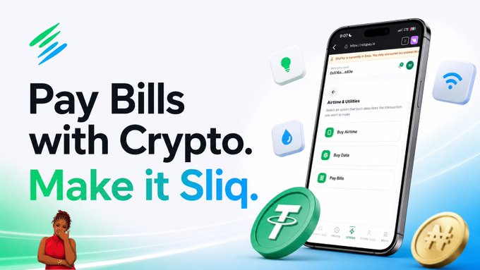 Sliq app advertisement with the text 'Pay Bills with Crypto. Make it Sliq.' showing a smartphone displaying the app interface for buying airline tickets and paying bills, alongside Tether (USDT) and other crypto coin graphics.