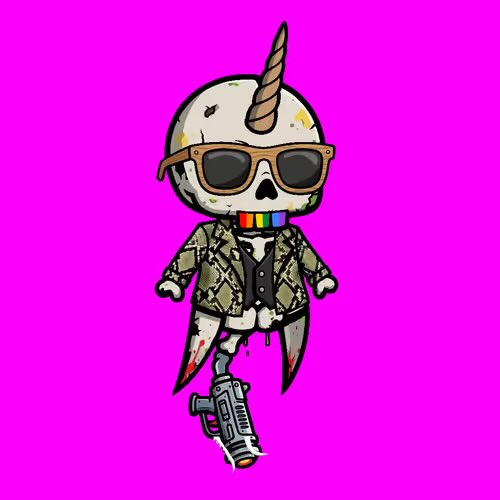 A cartoon illustration of a unicorn-headed skeleton character wearing sunglasses, a designer jacket, and a rainbow teeth accessory, standing on roller skates against a pink background.
