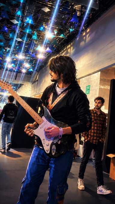 A man with dark hair plays an electric guitar at an indoor venue with blue stage lighting, while another person in a plaid shirt stands in the background.
