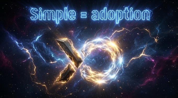 A vibrant space-themed graphic with the neon text 'Simple = adoption' displayed above a glowing XO symbol.