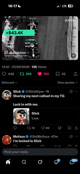 A screenshot of an X (Twitter) post from @SlickDyor showing a trading profit of +$43.4K on a token ($ACC), with engagement metrics and a reply from @SolMufasa stating 'I'm locked in Slick'.