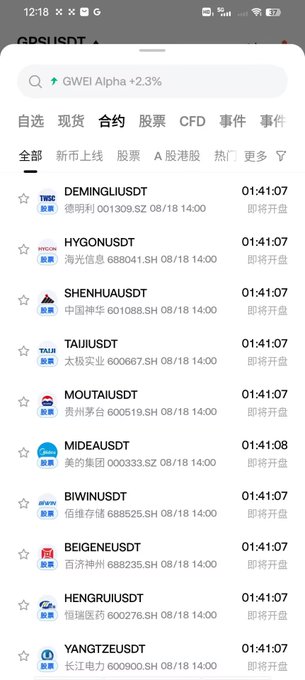A Chinese stock trading app screen showing a watchlist with tickers like DEMINGLI, HYGON, SHENHUA, TAIJI, MOUTAI (600519.SH), MIDEA, BIWIN, BEIGENE, HENGRUI, and YANGTZE.