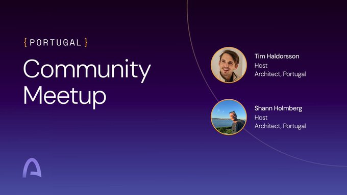 A 'Portugal Community Meetup' announcement slide with a purple gradient background, listing two hosts: Tim Haldorsson and Shann Holmberg, both Architects at Portugal, with a small 'A' logo in the bottom left.