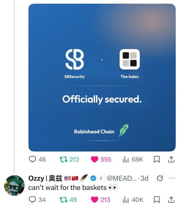 A blue announcement graphic from SBSecurity confirms "Officially secured" status for The Index on the Robinhood Chain, accompanied by a quote-tweet from @MEAD showing 68K views and 555 likes, with a comment reading "can't wait for the baskets 👀" supporting the bullish sentiment about $INDEX becoming a top 5 coin on Robinhood Chain.