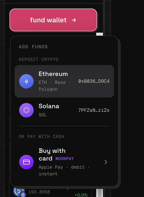 A mobile wallet interface displays a pink 'fund wallet' button above options to 'ADD FUNDS' via 'DEPOSIT CRYPTO' (Ethereum on Base/Polygon with address 0xB036...D9C4, Solana with address 7PFZsN...riZO) or 'OR PAY WITH CASH' using MoonPay (Buy with card, Apple Pay, debit).