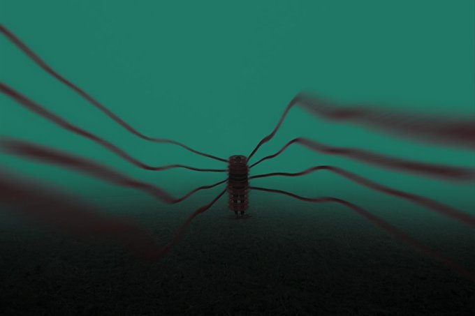 A stylized, atmospheric image of a multi-legged creature with long spindly limbs standing on a reflective surface against a teal background.
