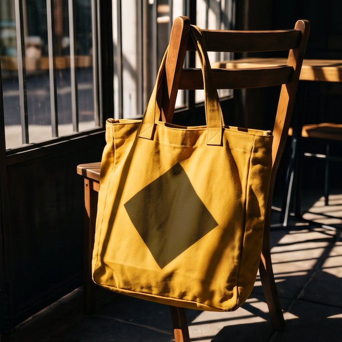 A mustard-yellow tote bag with a geometric diamond design hangs from a wooden chair by a sun-drenched window, embodying readiness and wanderlust. Its placement suggests a quiet pause in the day—an invitation to grab it and chase whatever opportunity awaits.
