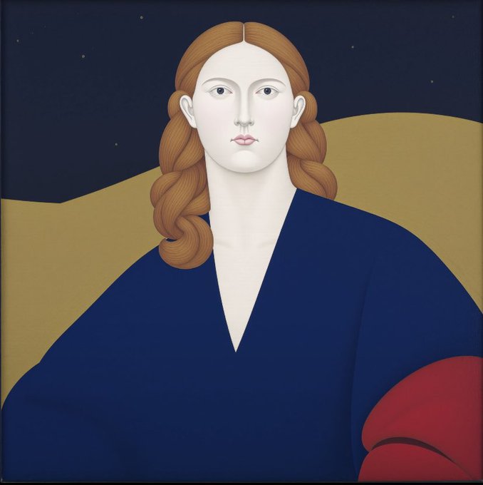 A stylized portrait painting of a pale woman with long braided reddish-brown hair, wearing a dark blue garment against a dark starry sky and tan landscape.