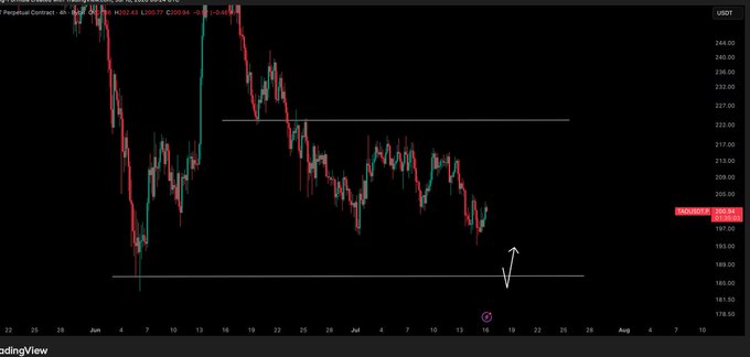 A TradingView candlestick chart for the TAO/USD perpetual contract shows the asset's price action hovering around $200.82 (marked with a red "TAOUSD 200.82" tag) amid a horizontal range, with two key white horizontal lines drawn near $222 (resistance) and $188-189 (support). The annotation arrow near the lower boundary illustrates the trader's stated scenario of waiting for either a dip to the range lows or a reclaim of $205 before considering entry.