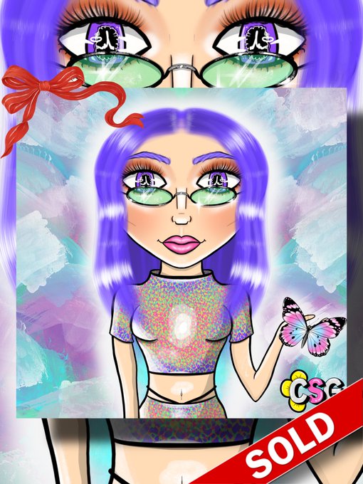 An illustration of a purple-haired anime-style girl with large green glasses, overlaid with another image of herself holding a butterfly, marked with a red 'SOLD' banner and 'CSE' logo.
