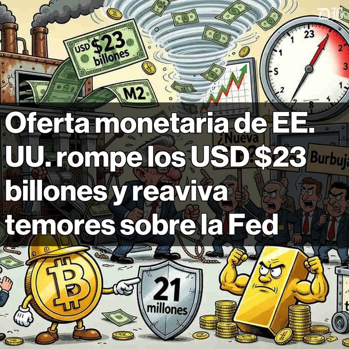 A Spanish-language news graphic reading 'Oferta monetaria de EE.UU. rompe los USD $23 billones y reaviva temores sobre la Fed' with cartoon illustrations of money, a tornado, Bitcoin, and gold.