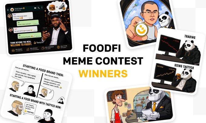 A promotional graphic announces "FOODFI MEME CONTEST WINNERS" in bold black and yellow text at the center, surrounded by a collage of the winning meme submissions. These include a "THINK BEYOND THE MEAL, WELCOME TO FOODFI" chat screenshot featuring TastyCo's CEO, cartoon panels about "STARTING A FOOD BRAND THEN: vs NOW:" with TastyCo, panda-themed "TRADING" and "USING TASTYCO" charts, and a tribute illustration of a cartoon chef raising money for a cause, showcasing the top six contestants who earned crypto prizes.