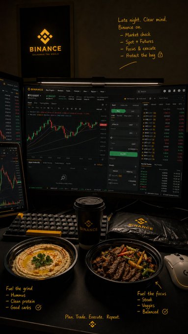 A late-night Binance trading setup featuring BTC/USDT charts on multiple monitors alongside a hummus bowl and steak with veggies, captioned "Late night. Clear mind. Binance on. Market check, Spot + Futures, Focus & execute, Protect the bag." The image reinforces the post's theme of a focused, prepared trading session paired with a balanced meal and clear routine.