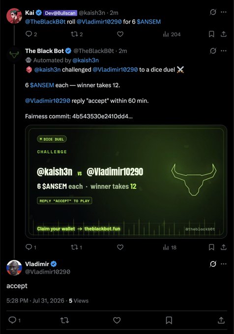 A screenshot of a Twitter thread showing a dice duel challenge on TheBlackBot, where user @kaish3n challenges @Vladimir10290 for 6 $ANSEM each, and Vladimir replies "accept".