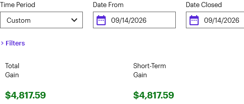 A trading screenshot displays a custom date filter from 09/14/2026 to 09/14/2026, showing a Total Gain of $4,817.59 and a Short-Term Gain of $4,817.59, representing the $4,800 profit mentioned in the post from a $MU trade.