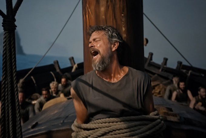 A cinematic scene of a bearded man tied to a wooden post on a ship, screaming in apparent agony, with other figures visible in the background.