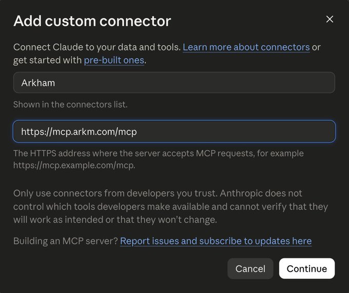 A screenshot of an 'Add custom connector' dialog box for Claude, showing the name 'Arkham' entered and the URL 'https://mcp.arkm.com/mcp' in the HTTPS address field.