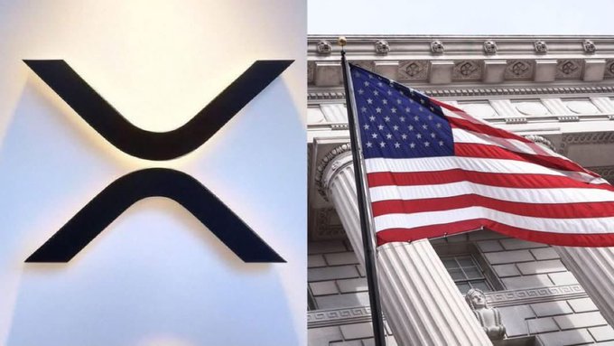 The image shows the XRP logo (an "X" symbol) alongside an American flag in front of a government-style building, visually representing the connection between XRP cryptocurrency and U.S. government reserve discussions mentioned in the post about Fred Rispoli's statement that XRP needs to reach $5 for reserve consideration.
