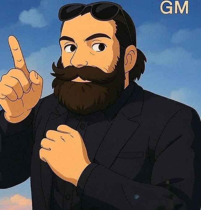 A stylized cartoon of a bearded man in a black suit with sunglasses perched on his head points upward against a blue sky, with "GM" in the top right corner—perfectly matching the "Good morning CT" greeting in the post as a visual sign-off to kick off the trading day.