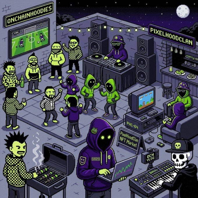 A pixel art illustration of a 'PixelHoodClan' party scene featuring hooded characters, a DJ, gaming setups, and various neon signs like 'ONCHAINHOODIES'.