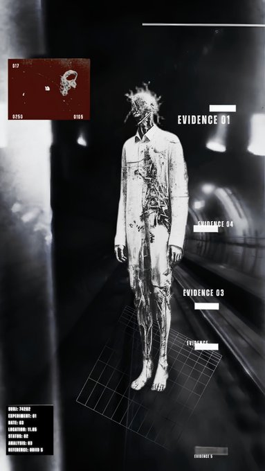 A dark, gritty photograph-style image of an emaciated figure in a white suit standing in a tunnel, labeled 'EVIDENCE 01-05' with technical data and a red-tinted insert showing a face, giving an investigative/conspiracy aesthetic.