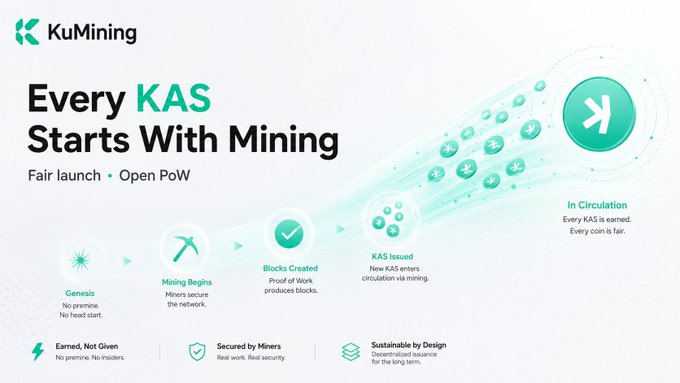 A KuMining infographic titled "Every KAS Starts With Mining" illustrates Kaspa's four-stage issuance process from Genesis to In Circulation, emphasizing its fair launch with no premine and open Proof-of-Work mining, aligning with the post's message about KAS being earned through mining rather than insider allocations.