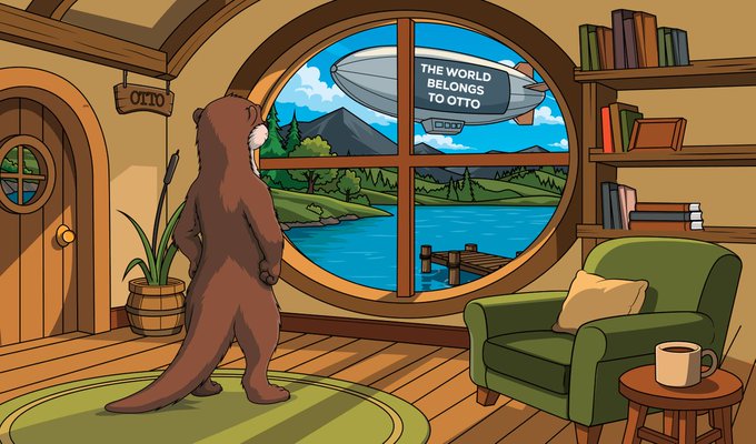 An animated illustration of an otter standing inside a cozy wooden home looking out a round window at a zeppelin displaying 'THE WORLD BELONGS TO OTTO'.
