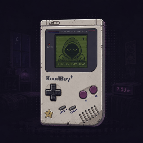 A pixel art illustration of a worn, white handheld gaming device labeled 'HoodBoy+' with a small screen displaying a hooded character, set against a dark bedroom background with a digital clock showing 2:03 AM.