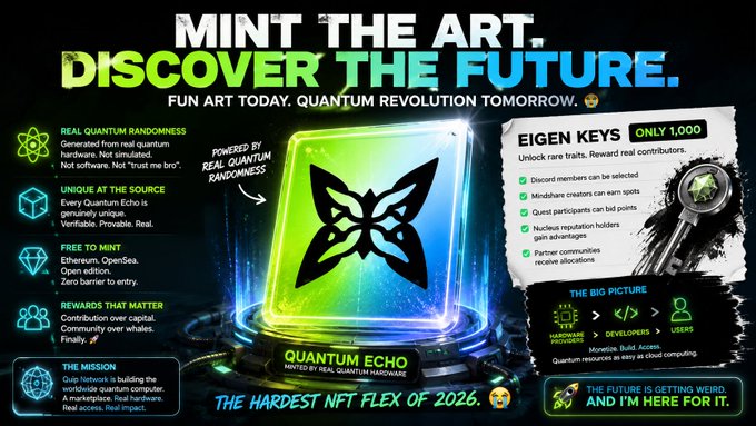 The main visual element of this image is an advertisement for Quantum Echoes with a colorful design featuring a butterfly logo, which highlights the game's unique features related to the future of computing. The image also includes text that explains how people can mint the art on the butterfly and potentially learn about the future through Quantum Echoes.